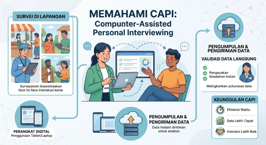 CAPI adalah metode wawancara tatap muka langsung, di mana enumerator mengunjungi responden secara fisik dan mengisikan jawaban ke dalam perangkat digital