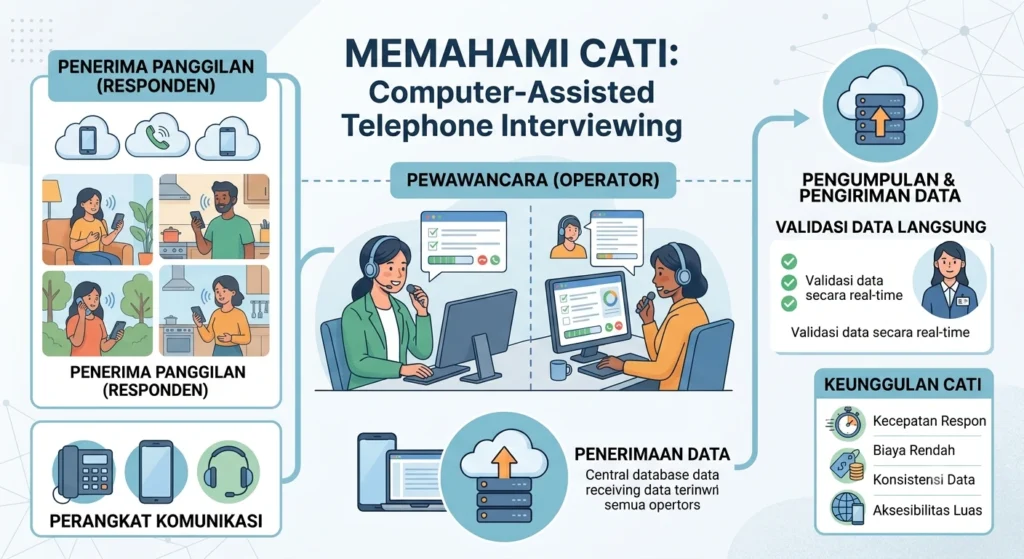 CATI adalah metode wawancara melalui telepon, di mana enumerator menghubungi responden menggunakan panduan kuesioner yang tampil di layar komputer