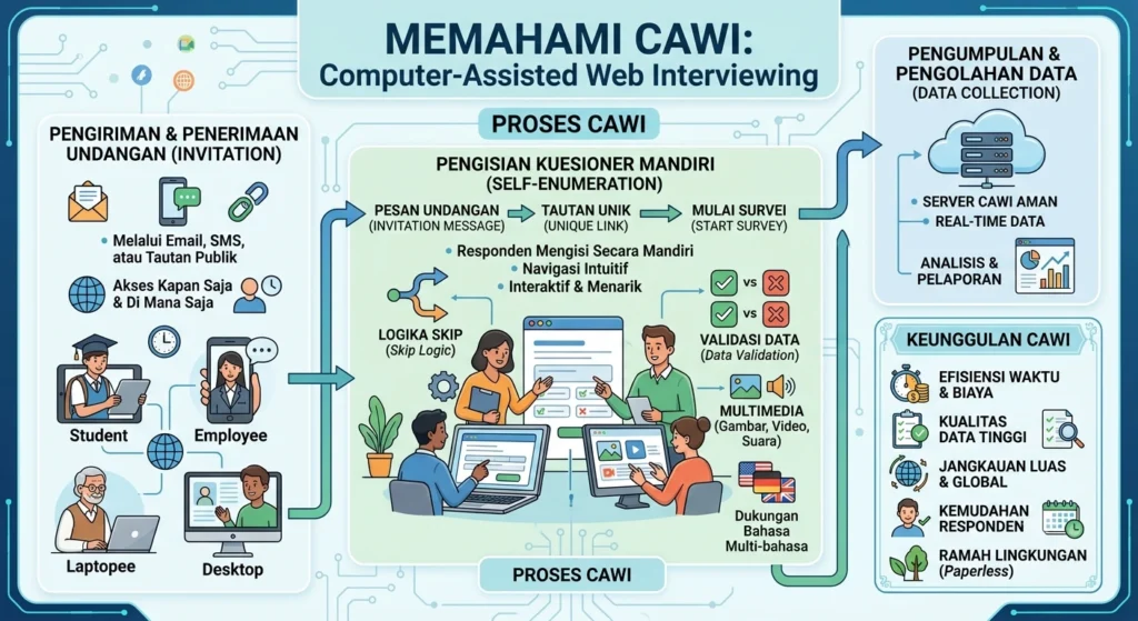CAWI adalah metode survei mandiri berbasis web, di mana responden mengisi kuesioner sendiri melalui tautan yang bisa diakses dari komputer, laptop, atau smartphone