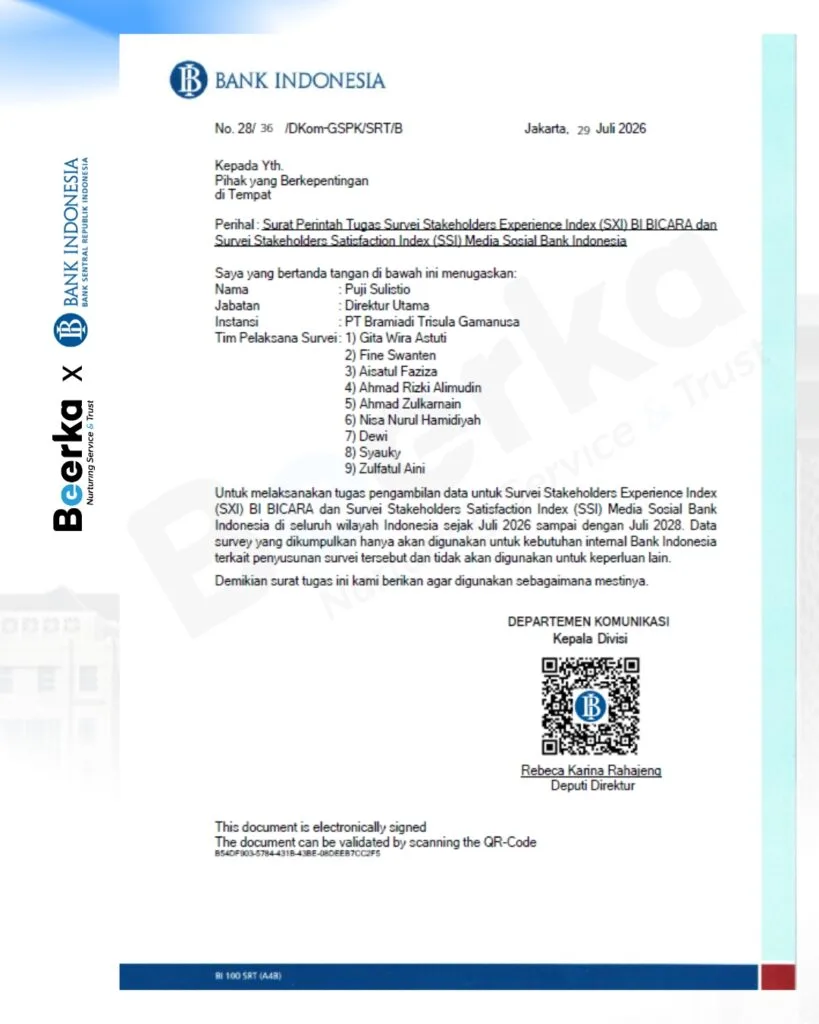 Surat Tugas Beerka Research x Bank Indonesia  Survei Layanan Informasi dan Media Sosial Bank Indonesia 2026