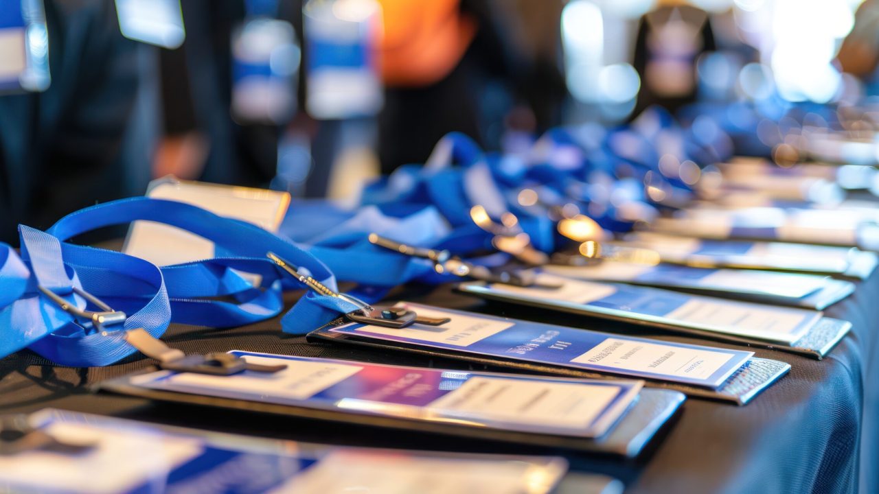 Conference badges and lanyards laid out on a registration table. stock photo --ar 2:1 --style raw Job ID: 2dc388af-cad9-4956-9c89-668362d844f7